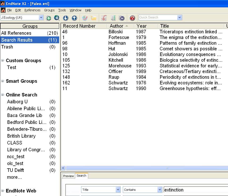 For this example you want to generate a list of all references about extinction that where published in the 1990 s. 1. Choose Show Tab Pane on the bottom of the screen 2.