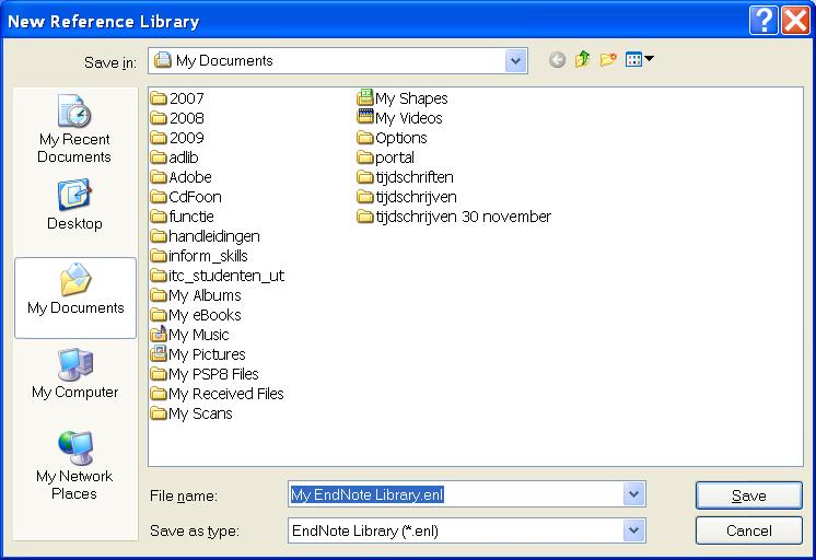 Enter a name for your new library. EndNote libraries on a Windows PC must end in the three-letter extension. enl. Choose a folder where your library will be stored, using the save in list.