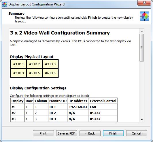 36 NEC DISPLAY WALL CALIBRATOR - USER S GUIDE The final page of the wizard shows a summary of the exact details of the video wall configuration, including the physical layout of all of the displays,