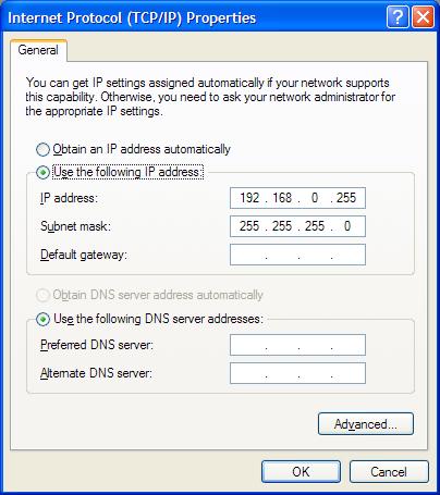 79 NEC DISPLAY WALL CALIBRATOR - USER S GUIDE Next enter a temporary IP address for the PC, such as 192.168.0.255, and a subnet mask of 255.255.255.0. Click OK and close the Network Settings.