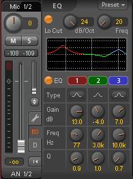 25.3.2 Equalizer A click on EQ opens the Equalizer panel. It is available in all input and output channels, and affects all routings of the respective channel (pre fader).
