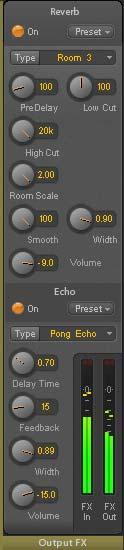 25.6 Reverb and Echo A click on FX in the View Options / Mixer Setup brings up the Output FX panel. Here all parameters for the effects Reverb and Echo are adjusted. Reverb. Activated by the On button.