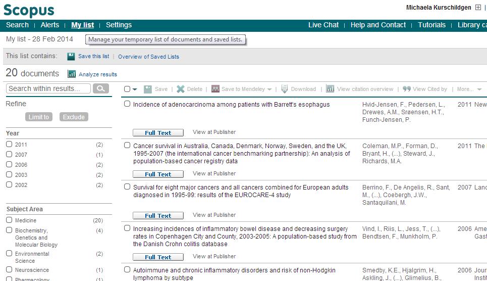 My (temporary) list TITLE OF PRESENTATION 34 34 The My list page shows the temporary list of documents you created during this Scopus session.