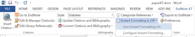 If you still only see the bracketed reference information placeholders: Selecting citations from Word In Word, click at the desired insertion point in paperx7.docx.