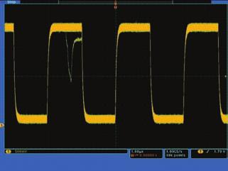 With the, you can have the oscilloscope search through the acquired data for user defined criteria including serial packet content. Each occurrence is highlighted by a search mark.