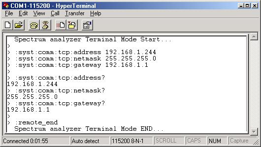 - Remote termination In order to terminate under a remote condition, Type > :remote_end Then, there appears Spectrum analyzer Terminal Mode END.