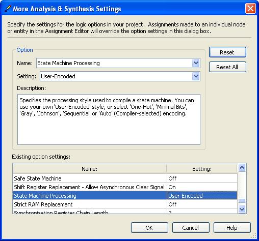 side of the window, then click on the More Setting button. As indicated in Figure 4, change the parameter State Machine Processing to the setting User-Encoded. 4. Compile your project.