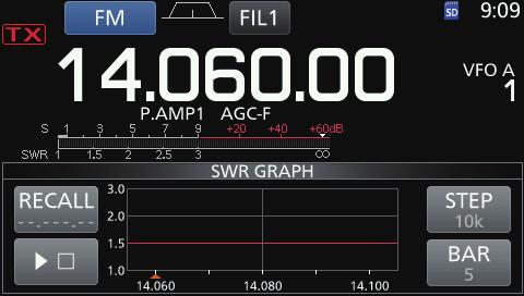 ) NOTE: Before transmitting, monitor the operating frequency to make sure you will not cause interference to other stations on the same frequency. 4. Open the SWR GRAPH screen. MENU» SWR 5.