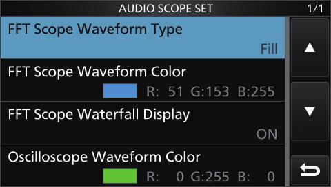 MENU» AUDIO DDAudio scope set screen This Set mode is used to set the FFT scope waveform type, color, Waterfall display and oscilloscope waveform color. 1. Open the AUDIO SCOPE screen. MENU» AUDIO 2.