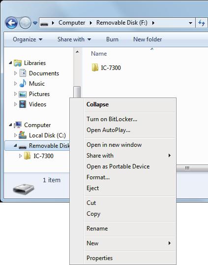 The AutoPlay screen is displayed, as shown to the right. Click Open folder to view files. Displays the IC-7300 folder. Click 3.