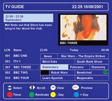 Using the TV Guide Now and Next information The TV Guide shows a full list of available channels and programmes.