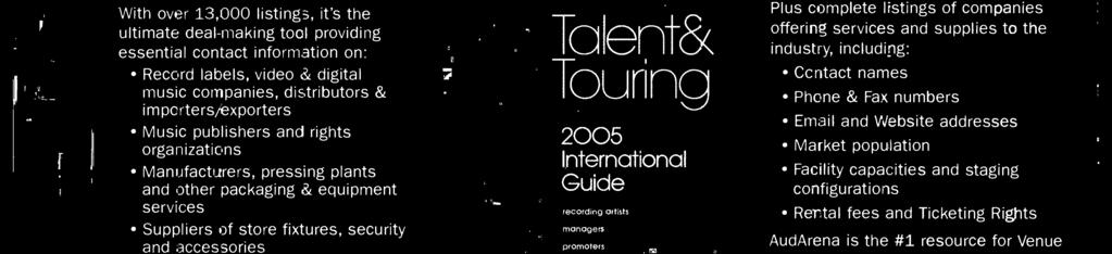 Tc ent& Tunng 00 Internatinal Guide recrding artists managers prmters agents