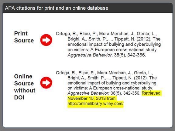 2.3.11 APA citations for print and an online database Here's how it would look if there was no DOI for the article.