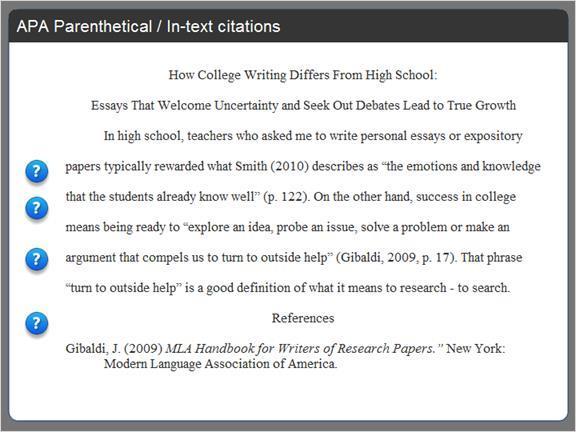2.4.2 APA Parenthetical / In-text citations Now that we've seen how to create citations and put them together in the list of References, let's focus on how to properly format an in-text citations