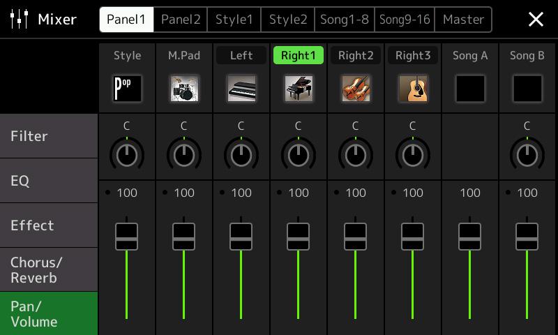 After selecting, return to the Mixer display then use each knob to adjust the Chorus depth for each part. Touch the Reverb type name at the top right of this row to select the desired Reverb type.