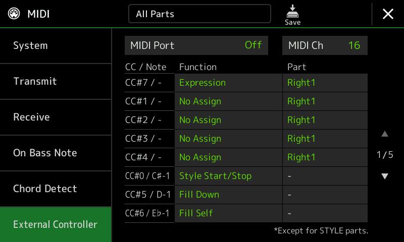 External Controller MIDI Controller Setting The explanations here apply when you call up the External Controller display in step 2 on page 133.