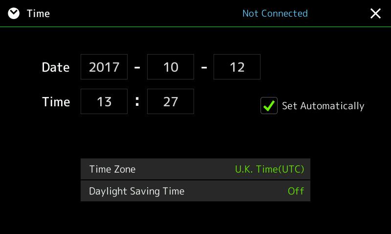 Making the Time Settings You can set the date and time on the display called up via [MENU] [Time]. The time is shown at the upper-right corner of the Home display. q w e r t q Date Sets the date.
