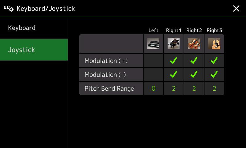 Making the Joystick Settings You can set whether the effects controlled by the joystick will be applied independently to each keyboard part or not from the display called up via [MENU]