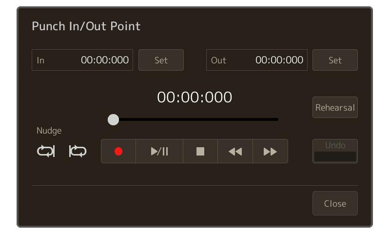 2-1 Adjust the playback position to the desired Punch In point. To adjust the playback position, touch [>/o]/[ ]/[<<]/[>>] on the display, use the Data dial, or press the [DEC]/[INC] buttons.