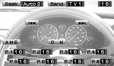 Each time the B area is touched the preset band switches between the TV1 and TV2. If the button is not operated for 5 seconds, the Seek, Band, and Ch indications disappear automatically.