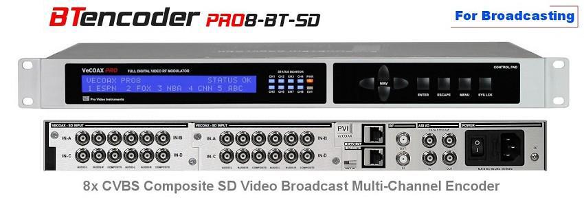 8 Channels Video Encoder for LPTV Broadcasting The VeCOAX PRO8 SD BT is a Professional 8 channel CVBS Standard Definition Encoder Mux Ideal solution to encode and deliver up to 8 independent SD