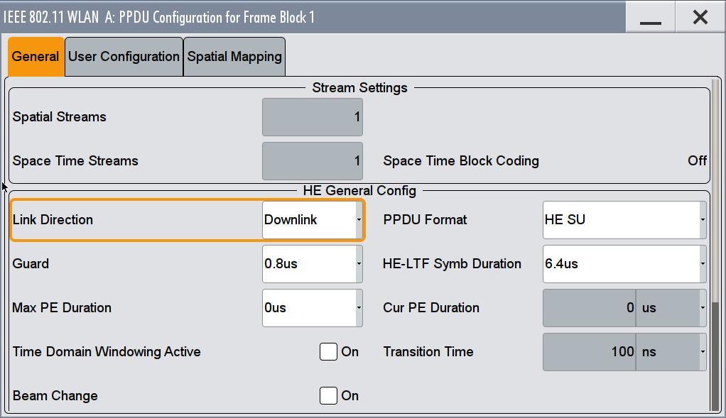 Generating an 802.11ax Signal Set the wanted idle time between the HE frames. 4.2.3 PPDU Configuration Click Conf in the PPDU column of the frame blocks table to open the PPDU configuration menu.