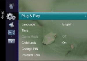Setup MENU Plug & Play DESCRIPTION This brings up the menu items that appeared when you first plugged in the TV. Language The language chosen affects only the language of the OSD.