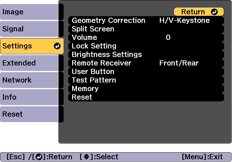 List of Functions 131 Settings Menu Submenu Geometry Cor rection Split Screen Volume Function You cn correct distortion. s "Correcting Distortion in the Projected Imge" p.