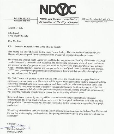 Appendix IX: Letters of Support Nelson & District Youth Centre