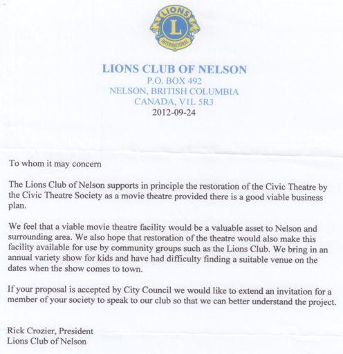 Appendix IX (Con t): Letters of Support Lions Club of Nelson Nelson