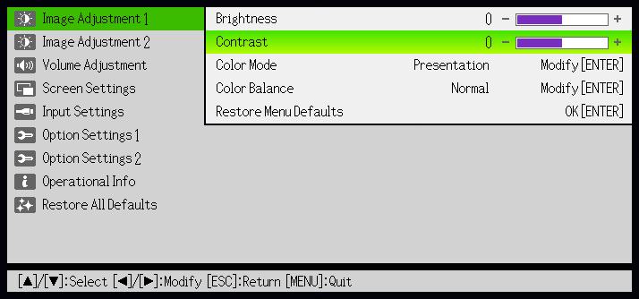 Basic Setup Menu Example The procedure below shows how to configure the following three settings: Image Adjustment 1 Contrast Image Adjustment 1 Color Mode Option Settings 1 Eco Mode Note Certain
