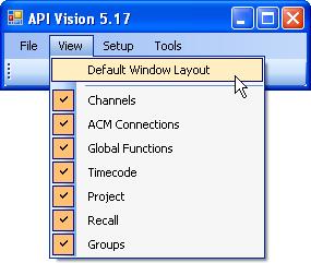 Selecting Clear Menu from the submenu will clear the Recent Projects list. 19.2.2.2 View Menu The View Menu manages the primary Vision software windows.