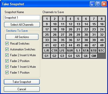 23.4 Take Snapshot Window The Take Snapshot window allows the selection of channel sections to capture, the selection of the channels to capture, and the entry of a Snapshot Name.