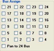 Bus Assign 1-24: Assigns the output of the selected audio path (Fader 1 or Fader 2) to Multitrack Summing Busses 1-24 Multitrack Summing Busses are fed by Fader 1 by default Fader 2 to