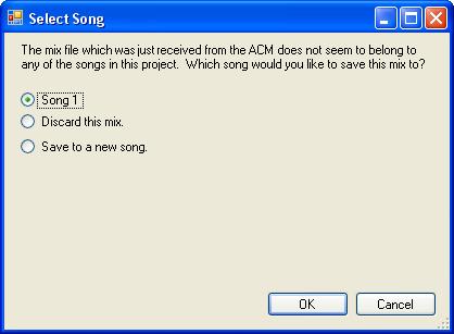 If a project is already open and the mix pass in the ACM does not match the mixes in the Mix Tree, you will be prompted to choose how to deal with the mix sent to the PC.