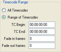 The Timecode Range section sets either all Timecode addresses to be selected or a range of addresses with user-defined beginning and ending points.