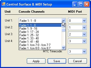 27.2 Control Surface Setup To map the console to a DAW select the Control Surface Setup... submenu in the Setup menu in the Main window. The Control Surface & MIDI Setup window will open.