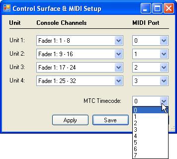The Control Surface and MIDI Setup window will open. Select the desired MIDI Port to MTC communication from the MIDI Port pull-down menu. Note: MIDI Ports are numbered starting with zero (0).