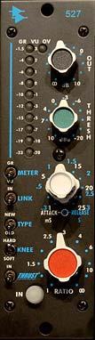 g. 527 Compressor/Limiter Features Audio circuit uses the 2510 and 2520 Discrete Op Amps with transformer output Continuously variable detented Threshold control Continuously variable detented Attack