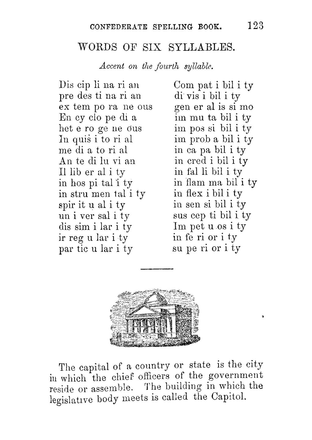 CONFEDERATE SPELLING BOOK. 123 WORDS OF SIX SYLLABLES. Accent on the fourth syllable.