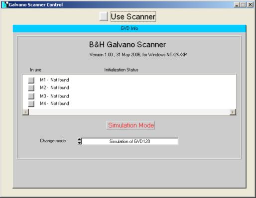 Now the Scanner Control pop-up window appears again, but this time it is connected to the GVD-120. Scanner Control To open the scanner control panel, click on Parameters and B&H Galvano Scanner.