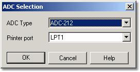 Dialog boxes 50 5.5 ADC setup 5.5.1 ADC Selection From the File menu, select Setup, then Converter. You use this dialog box to select the type of oscilloscope and the port you have connected it to.