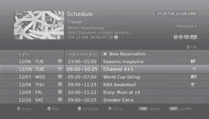 TV Guide Schedule Schedule lists all programmes that you have set for recordings or reminders and will help you manage these reservations in more detail. Adding or editing schedule 1.