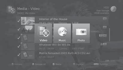 Media List You can retrieve video, music or photo files from the built-in hard disk drive, the USB storage devices, or Press the MEDIA button. Press the MENU button and select Video, Music or Photo.