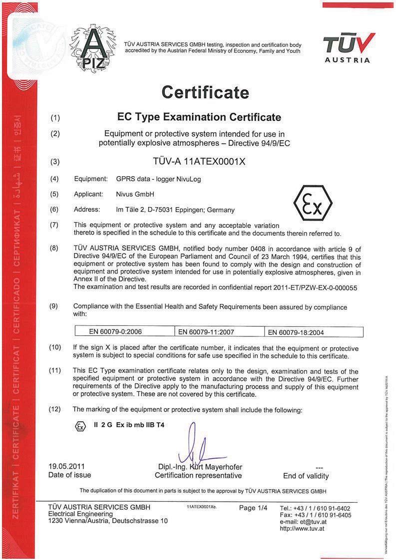 4 Certificat The approval is only valid in connection with the respective indication on the data logger