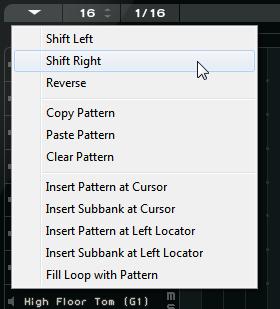 Beat Designer The Pattern Functions Menu This menu contains the following editing functions: Option Shift Left Shift Right Reverse Copy Pattern Paste Pattern Clear Pattern Insert Pattern at Cursor