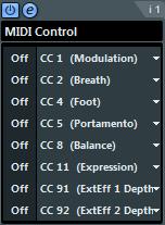 MIDI Control MIDI Control LE AI Elements Artist Nuendo Included with X X X NEK MIDI Echo This generic control panel allows you to select up to eight different MIDI controller types, and use the value