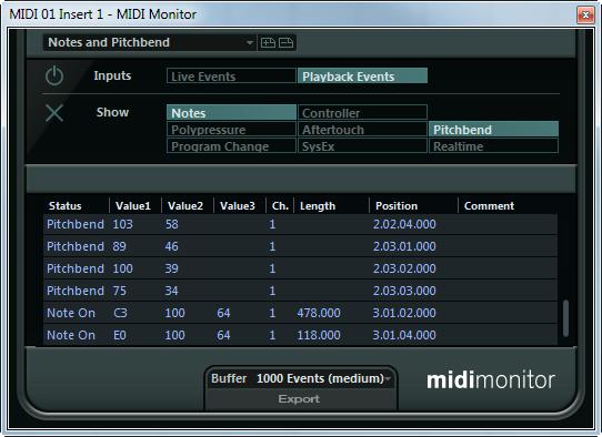 MIDI Monitor MIDI Monitor LE AI Elements Artist Nuendo Included with X X X NEK The MIDI Monitor monitors incoming MIDI events.