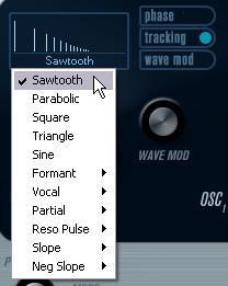 Prologue Selecting Waveforms Each oscillator has a number of waveforms which are selectable by clicking on the waveform name in the box located in each oscillator section.