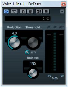 Dynamics Plug-ins DeEsser Release (10 to 1000 ms or Auto mode) Analysis (0 to 100) (Pure Peak to Pure RMS) Live button Sets the time after which the gain returns to the original level when the signal